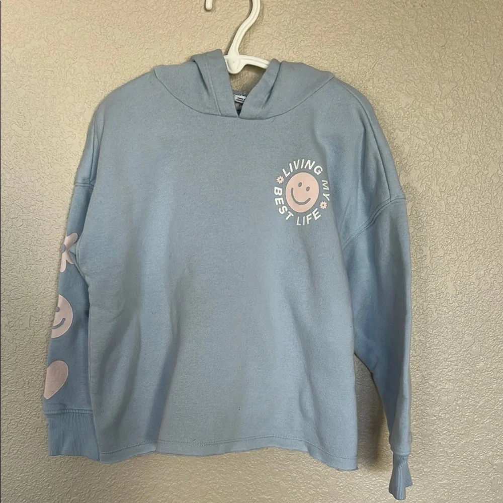 Blue Hoodie with Pink Smiley Design